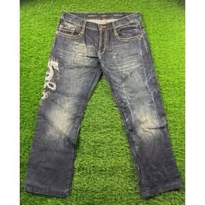 Mondo Jeans Men's 36x34 Blue Denim Distressed Dragon Embroidery VTG Y2K Baggy